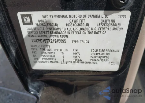 2002 Chevrolet Silverado 1500 Lt z USA, uszkodzony, nr VIN 2GCEC19TX21245895